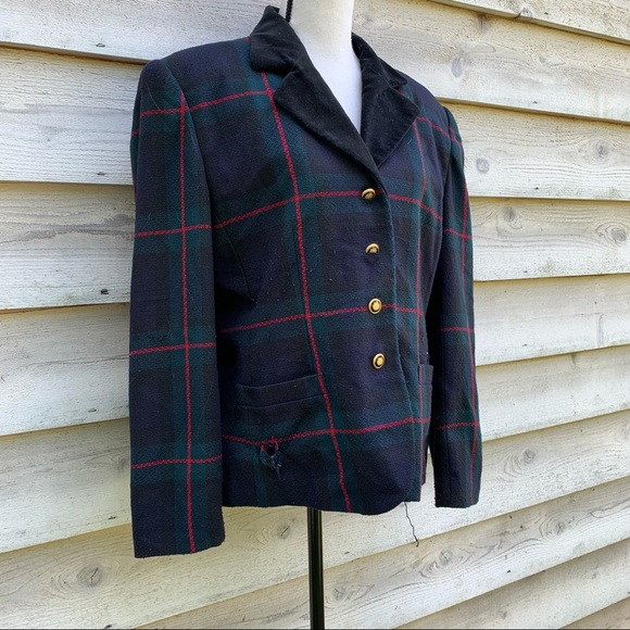 Vintage 80s Green Plaid Collared Velour V-Neck Button Down Long Sleeve Blazer - Picture 2 of 16